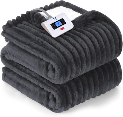 Sealy Electric Blanket Full Size, Soft Ribbed Flannel to Sherpa Reversible Heated Blanket with 10 Heat Settings & 1-12 Hours Auto-Off Overheat Protection, Machine Washable, 72x84 Charcoal