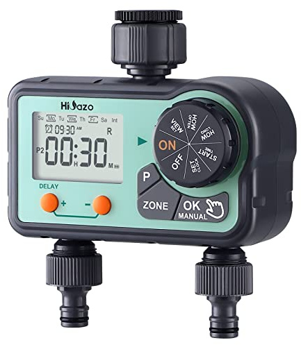 HiOazo Programmateur Arrosage Automatique, 2 Sorties 6 programmes d'arrosage par Jour, arrosage Automatique et Rapide, Prend en Charge Le Mode Manuel/Retard de Pluie/Protection de Batterie Faible