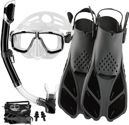 Erwachsene Maske Schnorchelflossen Set, Schnorchelausrüstung für Erwachsene mit Flossen, Schnorchelsets mit Flossen, Erwachsene Anti Leak Scuba Gear mit verstellbaren Flossen Tauchmaske Full Dry Top