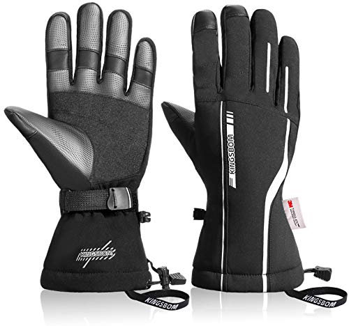 KINGSBOM Wasserdicht Ski- und Schnee-Handschuhe, 3M Thinsulate Winter Warm Touchscreen Snowboard Handschuhe für Herren & Damen - Schwarz & Silber(L)