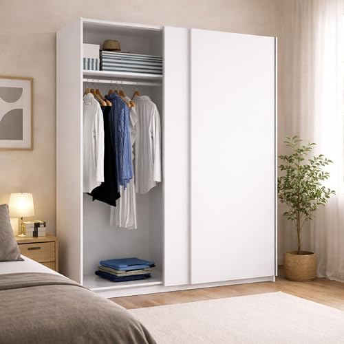 Dmora Guardaroba 2 Ante Nuptse 65x204h cm Bianco Bianco Lucido Appendiabiti un Ripiano, Armadio Camera da Letto 2 Ante
