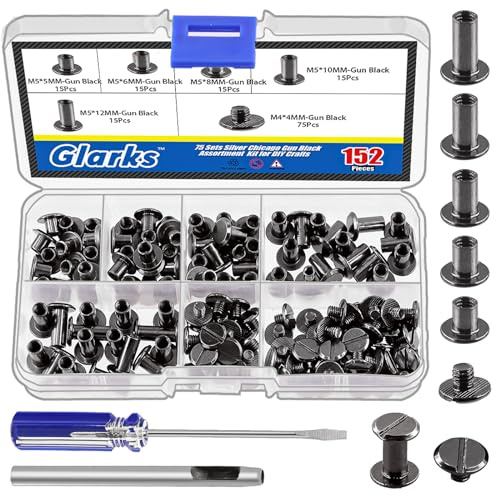 Glarks 150 Sets Gun Chicago Screws Assorted Kit, M5 x 5mm, 6mm, 8mm, 10mm, 12mm Chicago Rivets and 4x4mm Flat Head Stud Screw, Nail Rivet Chicago Button Screw Posts Metal Accessories