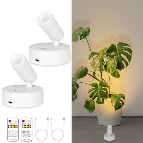 lobolighting Rechargeable LED Spotlight with Remote, 2Pack Battery Operated Spot Lights Wireless Up Lights Indoor Picture Light with Timer, Dimmable Uplighting Stick on Wall Lamp for Plant Artwork