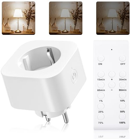 BrightArk Dimmbare Steckdose mit Fernbedienung, Funksteckdosen mit Fernbedienung 30M Reichweite, 1 Steckdose +1 Fernbedienung Dimmen mit Timing Funktion für LED/INC/CFL Glühlampen weiß