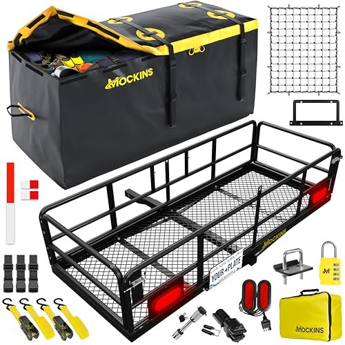 Mockins 60x24x14 High Rail Car Trailer Hitch Cargo Carrier w/Rear Lights, Plate Bracket & 30 CuFt Waterproof Hitch Cargo Bag | 500 Lbs. Cap Weatherproof Folding Luggage Rack for SUV Car Truck & RV