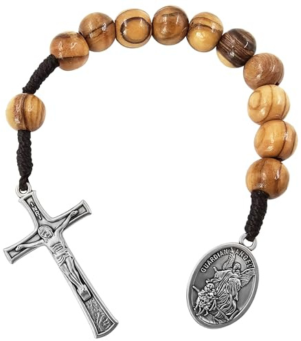 TALISMAN4U Saint Michael Guardian Angel Medal One Decade Prayer Pocket Rosary 10mm Olive Wood Beads Open Style Wooden Tenner Rosaries Handmade Catholic Gift Linen Rosary Pouch