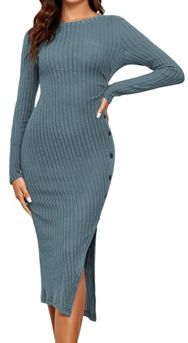 Famulily Women's Fall Vintage Jumper Maxi Soft Knit Bodycon Button Down Sweater Dress Blue XL
