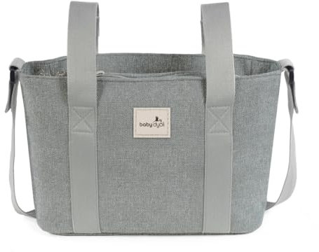 Tasche mit großem Fassungsvermögen, grau. Umstandstasche für Kinderwagen, kurze Griffe zur Befestigung am Kinderwagen und lange Schultertasche.
