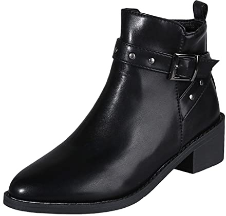 Genérico Botas de Ancho Especial Botines Mujer Pie Ancho Botas Laterales con Cremallera y decoración con Tachuelas de Hebilla para Mujer, Botines de tacón Grueso Botas Barefoot Mujer (Black, 37)