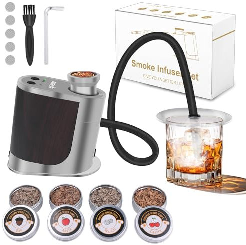 BORUIT Cocktail Smoker Kit Rechargeable-Adjustable Smoking Gun with 3 Settings, Auto Shut Off and 4 Flavors Wood Chips with smoked old fashioned kit - Whiskey Gifts for Men, Dad, Husband(White)