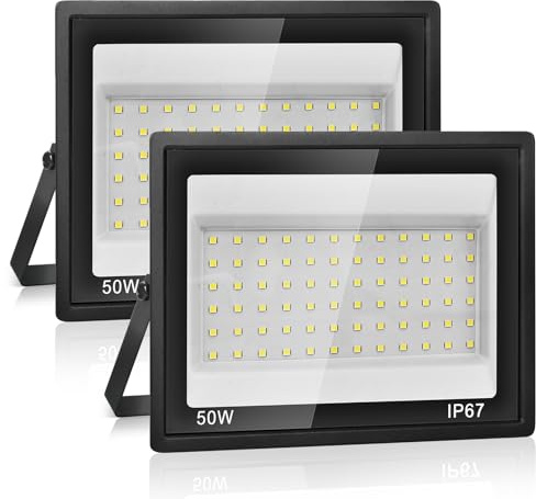 Foco LED Exterior 50W,Iluminación de Seguridad,7000K Blanco Frío,5000LM Super Brillante,IP67 Impermeable,72 LEDs,Foco de Exterior para Jardín,Patio,Garaje,Entrada de Coches,Taller,Pasillo (2 Piezas)