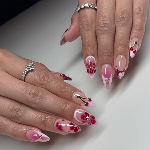 BelleFlair 24 pezzi Unghie finte a pressione a mandorla con design French ciliegia rossa, Unghie artificiali 3D, Copertura totale per unghie da donna Set manicure