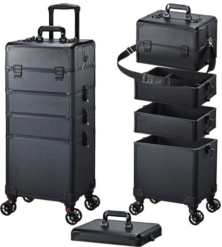 Kosmetikkoffer Alu Beauty Case 5 in 1 Kosmetik Trolley Rollkoffer Make up Koffer Groß Schminkkoffer Nagelkkoffer Abschließbare Beauty Case Friseur Box,Schwarz