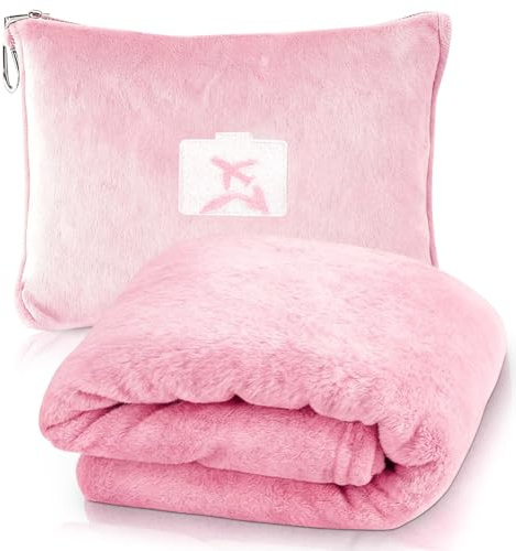 Suave y cálida manta de viaje para avión y coche, 2 en 1, manta de viaje y almohada con clip para mochila, manta de avión, manta de almohada, almohada compacta para avión, coche, oficina (rosa)