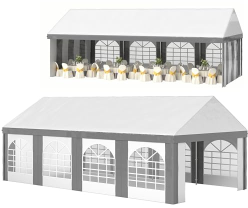 Outsunny Carpa para Fiesta 4x8 m, Carpa de Jardín con Paredes Laterales Extraíbles, Puertas y Ventanas, Impermeable, Anti-UV, Cenador Gazabo para Boda, Camping, Eventos, Exterior, Gris y Blanco