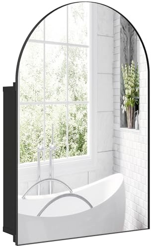 HOMCOM Arched Bathroom Mirror Cabinet Metal Frame Wall 50 x 76 cm Black