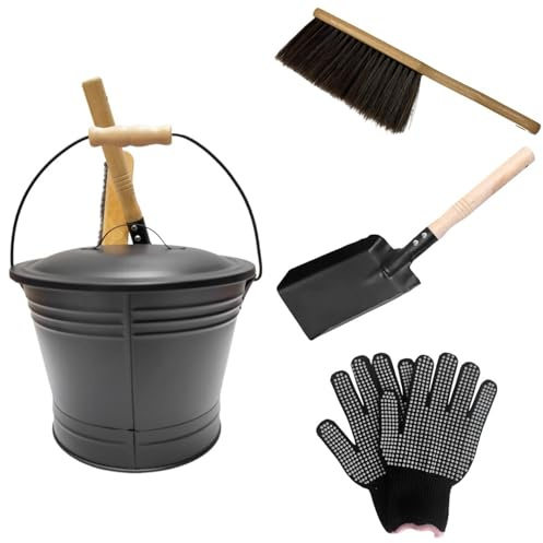 Set di secchi per cenere per caminetto, secchi per cenere in metallo da 4 pezzi con coperchio, pala, scopa e guanti per bracieri, focolari, stufe a legna