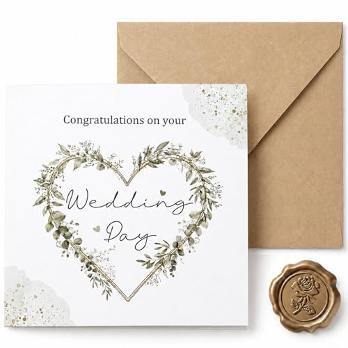 Tayenura Wedding Card for Bride and Groom with Watercolour Greenery Heart Design, Stylish Set with Kraft Envelope and Embossed Seal Sticker, Thoughtful Wedding Gift for the New Mr and Mrs