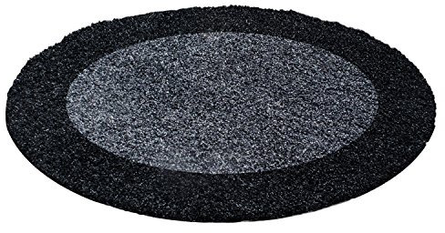 Carpetsale24 Hochflor Teppich Shaggy mit Bordüre 200 cm Rund Anthrazit, 2-farbig, flauschig & weich, modernes Design, perfekt als zentrales Wohnaccessoire in großen Räumen