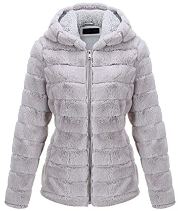 BELLIVERA Manteau en Fausse Fourrure pour Femme, Automne Hiver Chaud Polaire Floue Courte Veste à Capuche Pelucheux Shaggy Pardessus 1801 Gris XXL