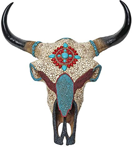 Mendler Deko Kuhschädel HWC-D31, Stierkopf Bulle Tierkopf Kuhkopf Trophäe mit Mosaik, Polyresin 51x50x25cm