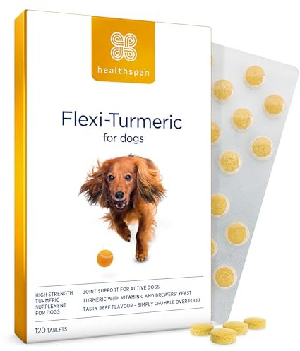 Vetvits by Healthspan Flexi-Turmeric For Dogs (120 Tablets) | Joint Support for Active Dogs | Vitamin C & Brewers’ Yeast | 400mg High-Grade Turmeric | Easy to Crumble on Food | Pet Health