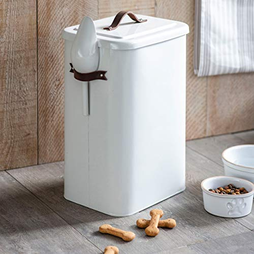 CKB LTD Caja de almacenamiento de alimentos para mascotas grande con cuchara para perros y gatos animales de metal, tapa sellada, mango de cuero, acero de tiza, 13 kg de 45 x 32 x 24 cm