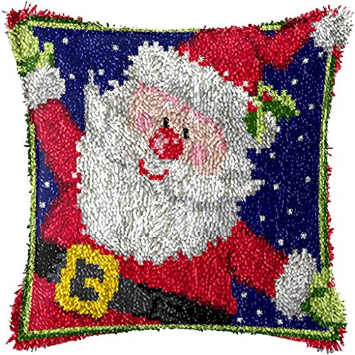 ZUHK Christmas Latch Hook Kits ​with Christmas Pattern Printed Canvas Crochet Gift Cross Stitch Sofa Cushion Cover Tool fit for Beginner and Adults,43x43 cm (Santa Claus C)