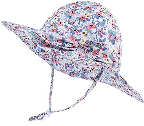 LACOFIA Cappellino Estivo da Sole per Neonata UPF 50+ Cappello da Pescatore per Bambina Berretto Mare con Sottogola Regolabile Fiori Blu 6-18 Mesi