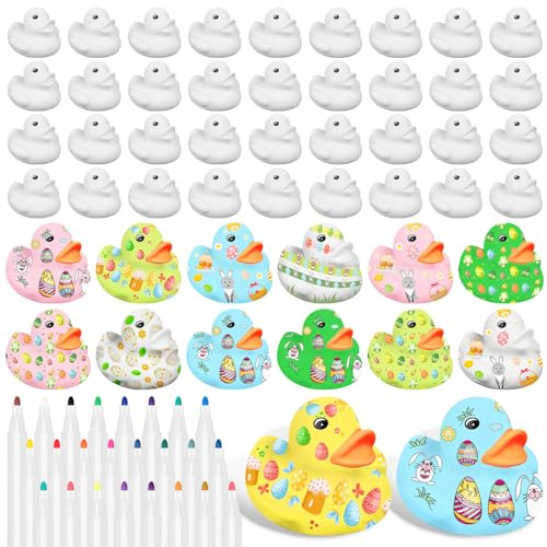 50 Pcs 2 Inch White Blank Rubber Ducks in Bulk Easter DIY Ducks with Pens of 24 Colors Float Squeak Funny for Pool Bathtub Float Cute Ducks Birthday Gift Baby Shower Easter Basket Stuffers Gifts
