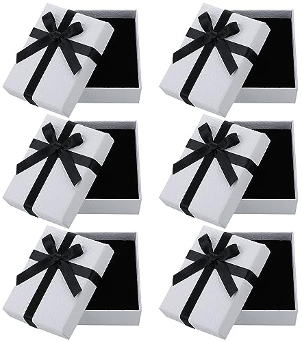 FRIUSATE 6pc Small White Gift Boxes with Lids - 7x9x3cm, Kraft with Black Ribbon Bow-Knot for Jewellery, Ring, Earrings, Necklace Presents
