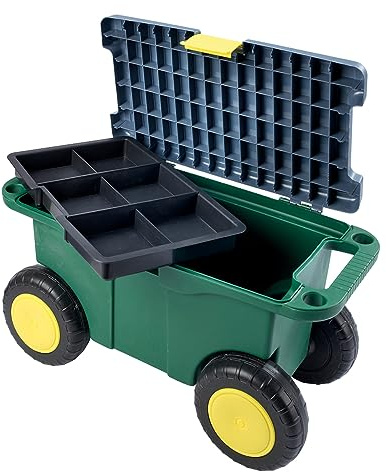 Garden Tool Trolley & Seat – Durable Plastic Storage Cart Box with 4 Wheels, 2 Handles, Clasp Secured Lid & Removeable Tray – Store & Transport Gardening Hand Tools & Equipment, H30 x W55 x D27cm
