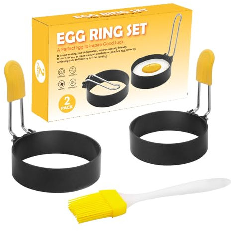 Egg Rings for Frying Non Stick Fried Egg Ring 2 Pack Poached Egg Maker with Oil Brush, Fried Egg Mould, Pancakes, Mcmuffin, Omelette, Shaping, Burger