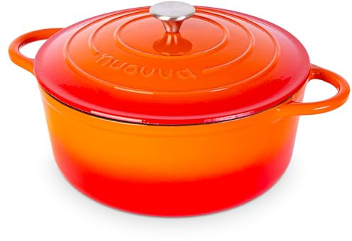 Nuovva Enamelled Cast Iron Dutch Oven Pot with Lid – 7.3 Quart Casserole Dish – Ceramic Dutch Oven for Bread Baking, Roasting, Braising & Stews – Oven Safe up to 500°F – 30cm Orange