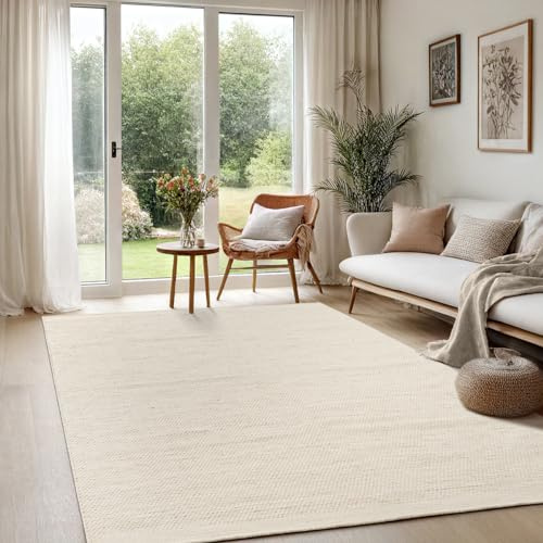 the carpet Deluxe Wool Handgewebter Wollteppich im natürlichen skandinavischen Boho-Look, Handarbeit für einen einzigartigen Stil, Creme Beige, 160 x 230 cm