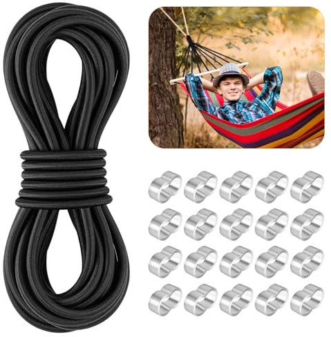 HGRGHH Pulpo Pulpos Elasticos Negro, Cuerda Elastica 8mm x 10m con 20 M9 Virolas de Alumini, Tensores Elasticos para Remolques, Toldos, Lonas, Costura, Camping, Manualidades de Bricolaje