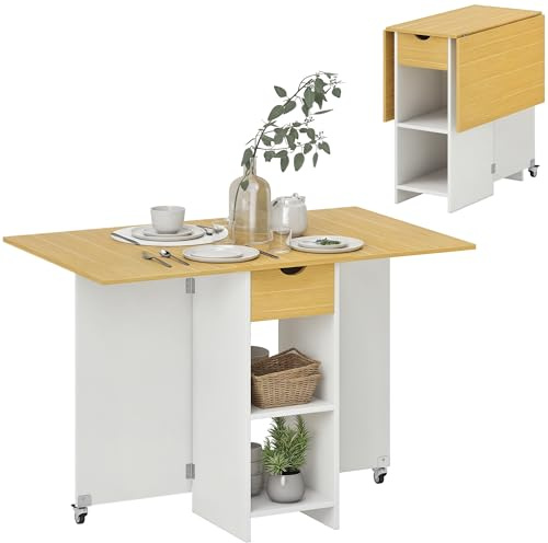HOMCOM Tavolo da Pranzo Pieghevole, a Ribalta per 2-4 Persone, Salvaspazio Moderno con Cassetto, 2 Ripiani e 2 Ruote, in Legno, 114.5x70x75 cm, Rovere