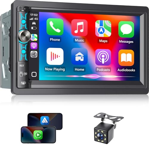 Kissound 7 Double Din Car Stereo with Wireless Apple Carplay & Android Auto, Bluetooth, 240W, SWC, Subwoofer Out, Mirror Link, USB-C/AUX/TF, FM/AM Car Radio Receiver, Backup Camera