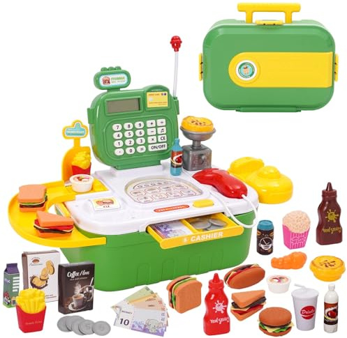 Siairo Caisse Enregistreuse Calculatrice Scanner Enfants Jouet Marchande Enfants avec Scanner Tablier Sac de Courses Cadeaux de Noël pour Garçons Et Filles Âgés 3+ (Vert)