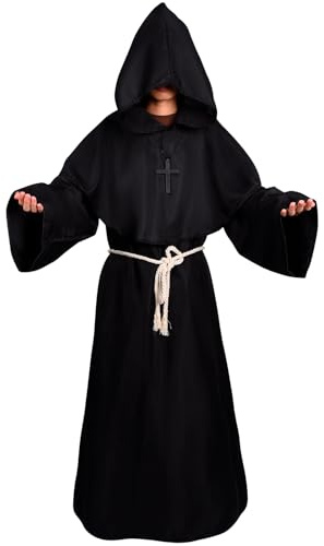 BuntWunder Disfraz de Monje Halloween, Túnica de Monje con Capucha, Medieval de Halloween Bata Sacerdote con Collar de Cruz, Pegatina Cicatriz Disfraz Medieval Sacerdote (Negro, XL)