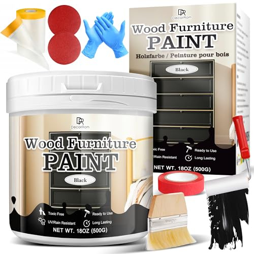 Wood Furniture Paint Black, 500g Wood Paint Matte, Ready-to-Use Easy Application for Refinishing Chairs, Tables, Cabinet and Dressers- Water-Based & Odorless UV Resistant Outdoor & Indoor With Tools