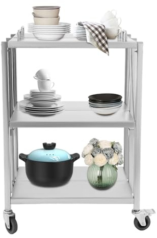 HIJNXG Carro plegable para servir, 63 x 40 x 95 cm, carro de cocina plegable, de acero inoxidable, hasta 100 kg, carrito de estantería, para cocinas, restaurantes, cafés, bares