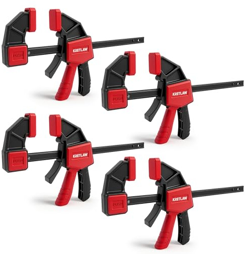 KRETLAW 150mm Wood Clamps 4-Pack, Quick Release C-Clamps & Spreaders, One-Hand Bar Clamp for Woodworking, 75KG Load Capacity