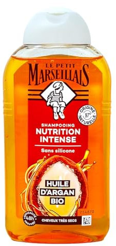 Le Petit Marseillais , Shampooing Nutrition Intense Huile d'Argan Bio (flacon de 250 ml) – Shampoing sans silicone pour cheveux très secs – 97 % d'ingrédients d'origine naturelle