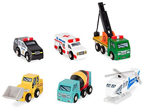 Battat – Holzfahrzeuge Set 1 – Holzautos für Kinder – 6-teiliges Spielzeug-Fahrzeug-Set – Mini-Rettungs- und Baufahrzeuge – Spielzeug-LKW für Kleinkinder – 3 Jahre +