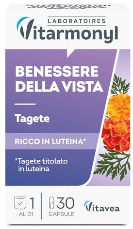 Benessere della Vista - Integratore Occhi - Titolato in Luteina e Zeaxantina - Tagete e Vitamina A - Funzione Visiva Normale - Antiossidante - 30 Capsule - Vitarmonyl
