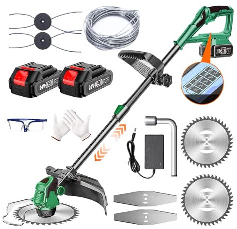 Akku Rasentrimmer mit Akku 24V Akku Freischneider 3 in 1 Elektro Rasentrimmer mit 2X2.0Ah Akku & Ladegerät, Multitool Rasentrimmer mit Messer 90-120cm Teleskop Rasenkantenschneider,Green