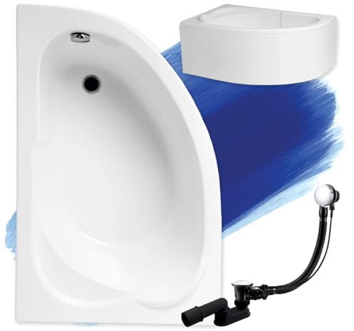 BADLAND Baignoire originale blanche acrylique | Baignoire d'angle | Standard 130 x 85 cm | Gauche | Ensemble complet avec tablier en acrylique blanc + pieds et bonde automatique exclusif chromé |
