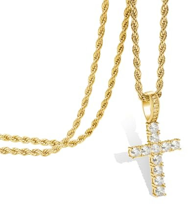 liameya Kreuz Kette, Anhänger Halskette mit Goldkette für Herren Damen, Männer Iced Out Ketten, Kreuzkette Hip Hop Schmuck, Personalisierter Ostern Geschenk (Kreuz-gold)