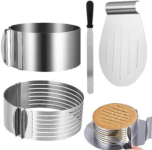 Yuragim Torten Zubehör Set, 4 PCS Tortenring Verstellbar Backring aus Edelstahl, Tortenzubehörset, Tortenboden Schneidhilfe, Tortenbodenteiler mit Gezacktem Schneidedraht, Backen Zubehör